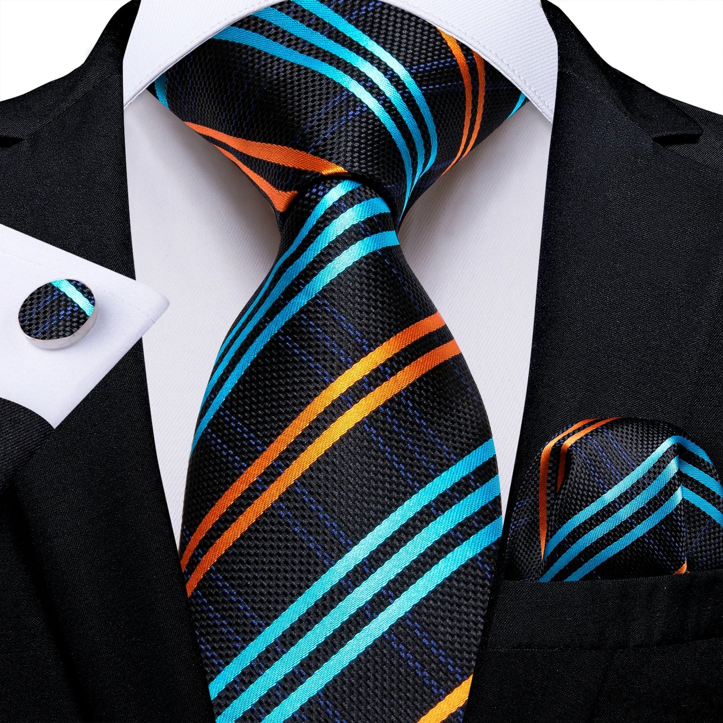 Designer Striped Silk Classic Ties For Men Wedding Accessories Gift For Men Neck Tie Set Pocket Square Cufflinks Set - The Clothing Company Sydney