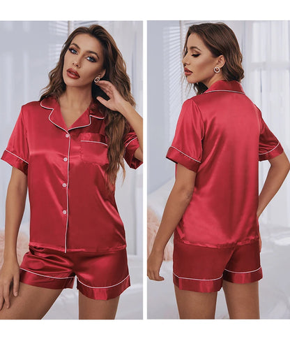 Womens Satin Pajamas Set Short Sleeve Two piece Pj Sets Sleepwear Loungewear Button-Down Pyjama Set The Clothing Company Sydney