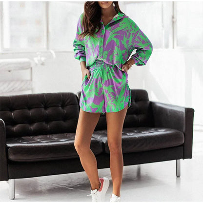 Summer Print Shorts Suits Woman Vintage Long Sleeve Shirt And Short Pants Suit Two Piece Set  Loose Casual Outfit Matching Set - The Clothing Company Sydney