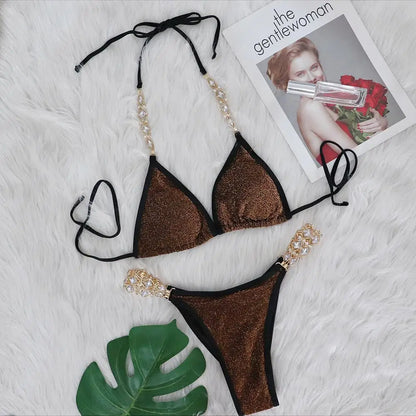 2 Piece Rhinestone Swimsuit Crystal Thong String Bikini Set Swimwear Beach Wear Bathing Suit - The Clothing Company Sydney