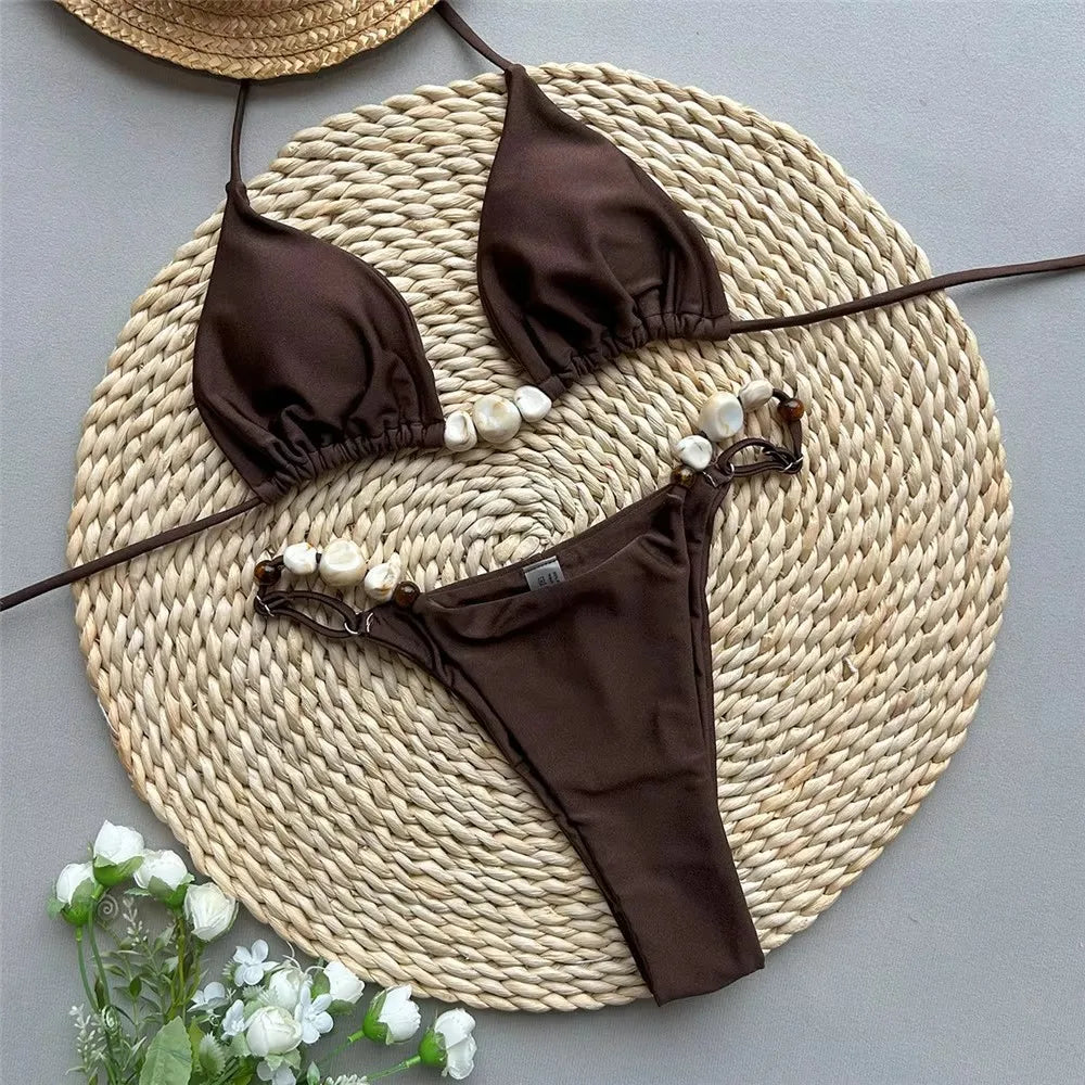 2 Piece Green Swimwear Halter Triangle Bead String Bikini Mini Micro Thong Swimsuit Summer Brazilian Bikinis Sets The Clothing Company Sydney