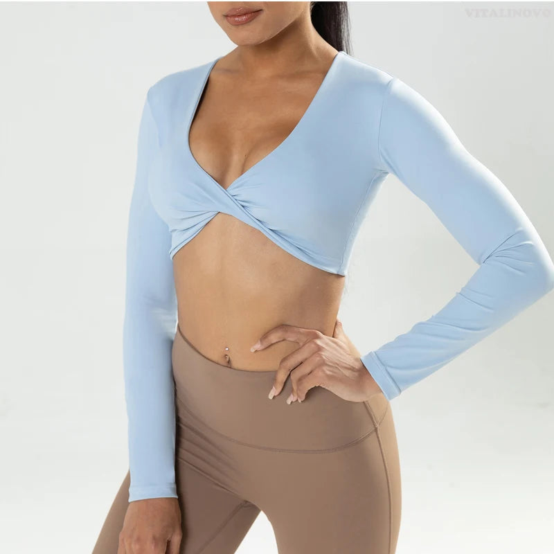 Long Sleeve Gym Crop Tops for Women Twist Deep V Workout Crop T Shirt Top Quick Dry Padded Sports Fitness Yoga Top The Clothing Company Sydney