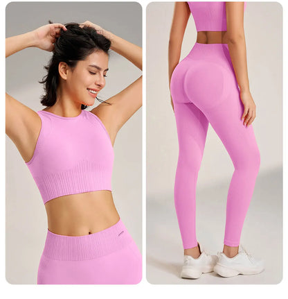 Yoga Matching Outfit Set Women's High Waist Leggings and Top Two Piece Seamless Fitness Exercise Fitness Workout Activewear - The Clothing Company Sydney