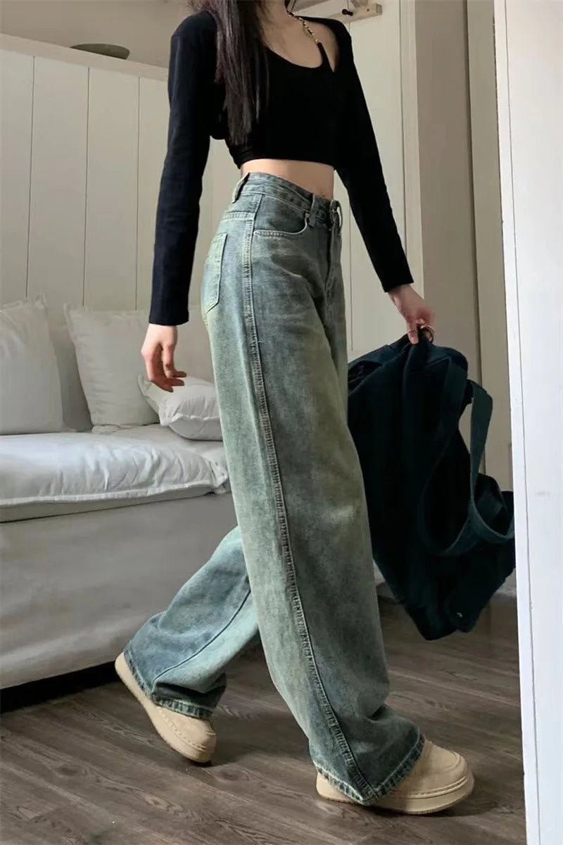 Vintage Baggy Straight Denim Trousers Y2K High Waist Loose Wide Leg Jeans Women Streetwear All-Match Casual Pants - The Clothing Company Sydney