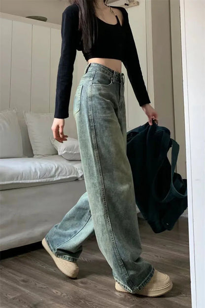 Vintage Baggy Straight Denim Trousers Y2K High Waist Loose Wide Leg Jeans Women Streetwear All-Match Casual Pants - The Clothing Company Sydney