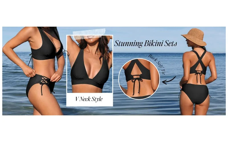 2 Piece Split Swimsuit Bikini 2 Piece Set Deep V Neck Triangle Side Bandage Bikini Set The Clothing Company Sydney