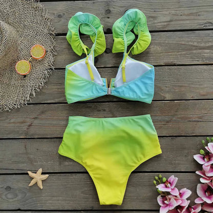 V-Neck High Waist Bikini Sets Shoulder Ruffled Printed Swimsuit Two Piece Swimwear Bathing Suits The Clothing Company Sydney