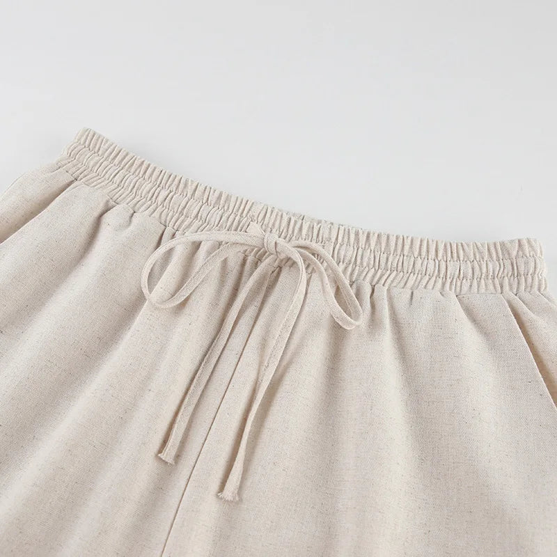Spring Summer Holiday Linen Pant Set Crop Tops Solid Outfits 2 Two Piece Matching Outfit Set For Women - The Clothing Company Sydney