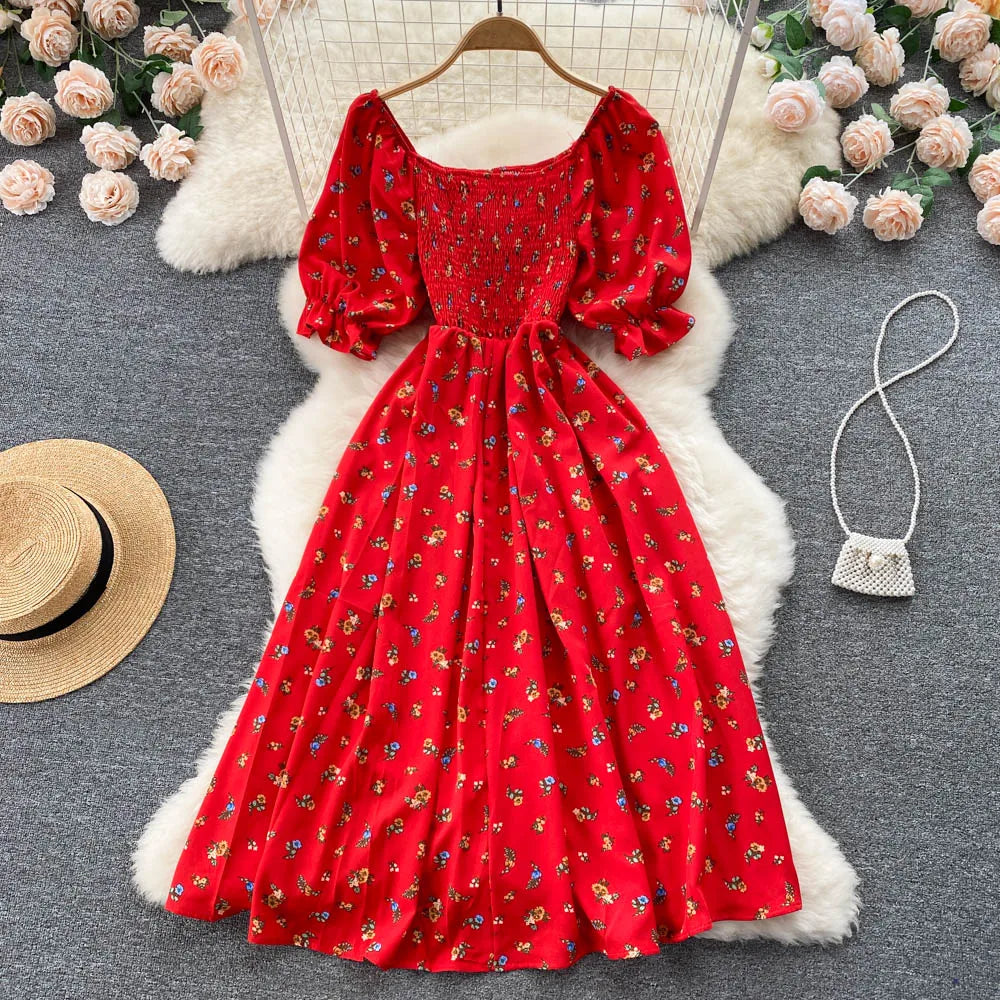 Women's Fashion Romantic Floral Print Split Long Summer Dress Puff Sleeve Party Dress - The Clothing Company Sydney