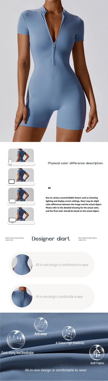 Summer Zipper Workout Jumpsuit Sports Overalls Women Gym Clothing Running Fitness Suits Gym Tracksuit Short Sportswear Yoga Set The Clothing Company Sydney