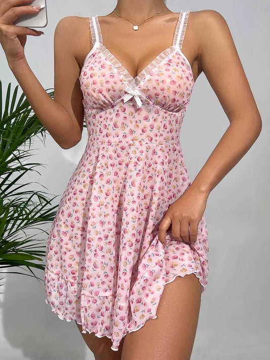 Summer Pink Dress Floral Printed Lace for Women Home V-neck with Strap Camisole Nightdress - The Clothing Company Sydney