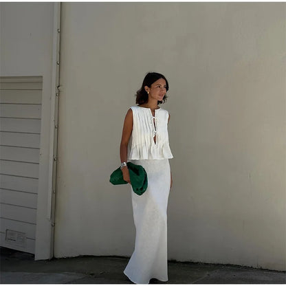 Elegant White Set 2 Piece Woman Chic Lace Up O Neck Ruffled Edge Short Matching Set Summer Street Outfit - The Clothing Company Sydney