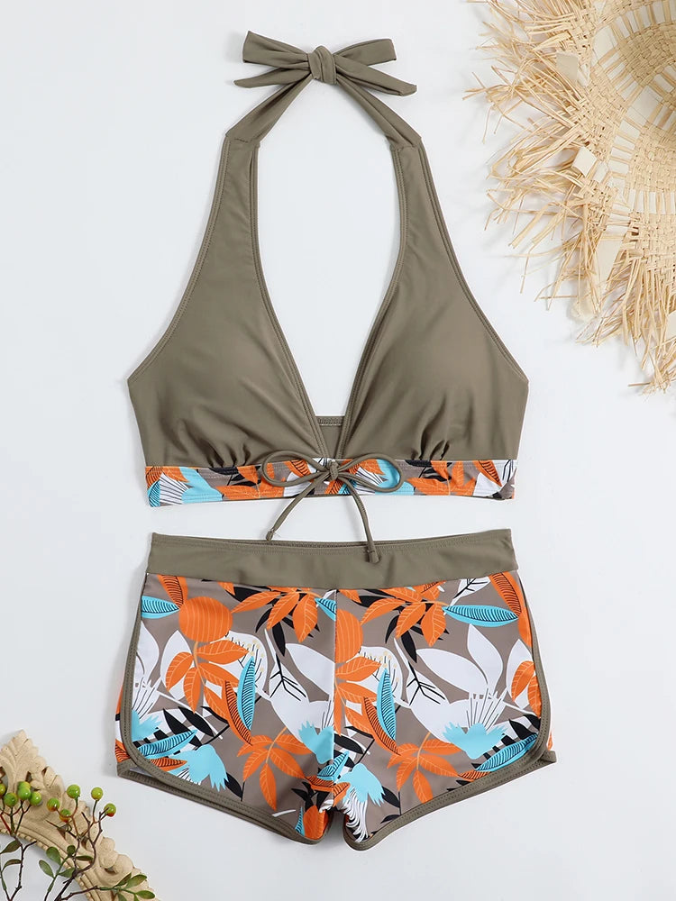 2 Piece Halter Bikini Set Shorts Swimsuit High Waist Swimwear Female Printed Bathers Swimming Bathing Swim Suit Beachwear - The Clothing Company Sydney
