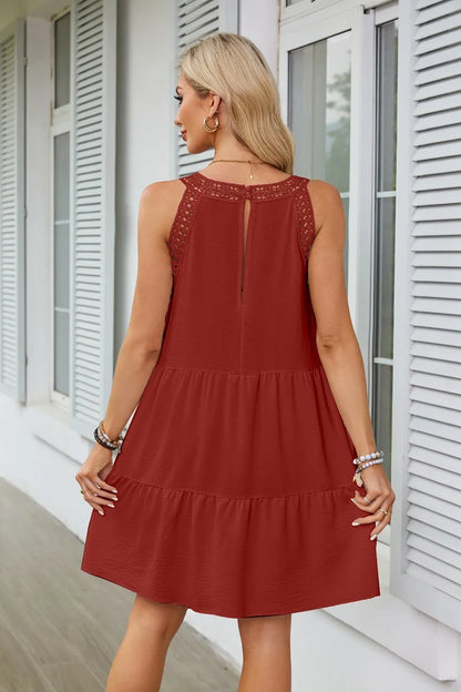 Hollow Lace Patchwork Halter Neck Women A Line Dress Summer Casual Solid Color Loose Beach Holiday Sundress - The Clothing Company Sydney