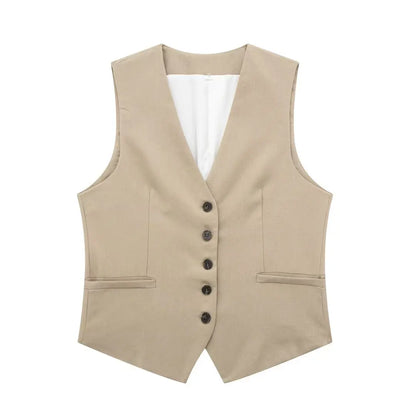 2 Piece Women's Suit Button V Neck Waistcoats Elegant Vest Top Zipper High Waist Slim Pants Shorts Summer Female Streetwear - The Clothing Company Sydney