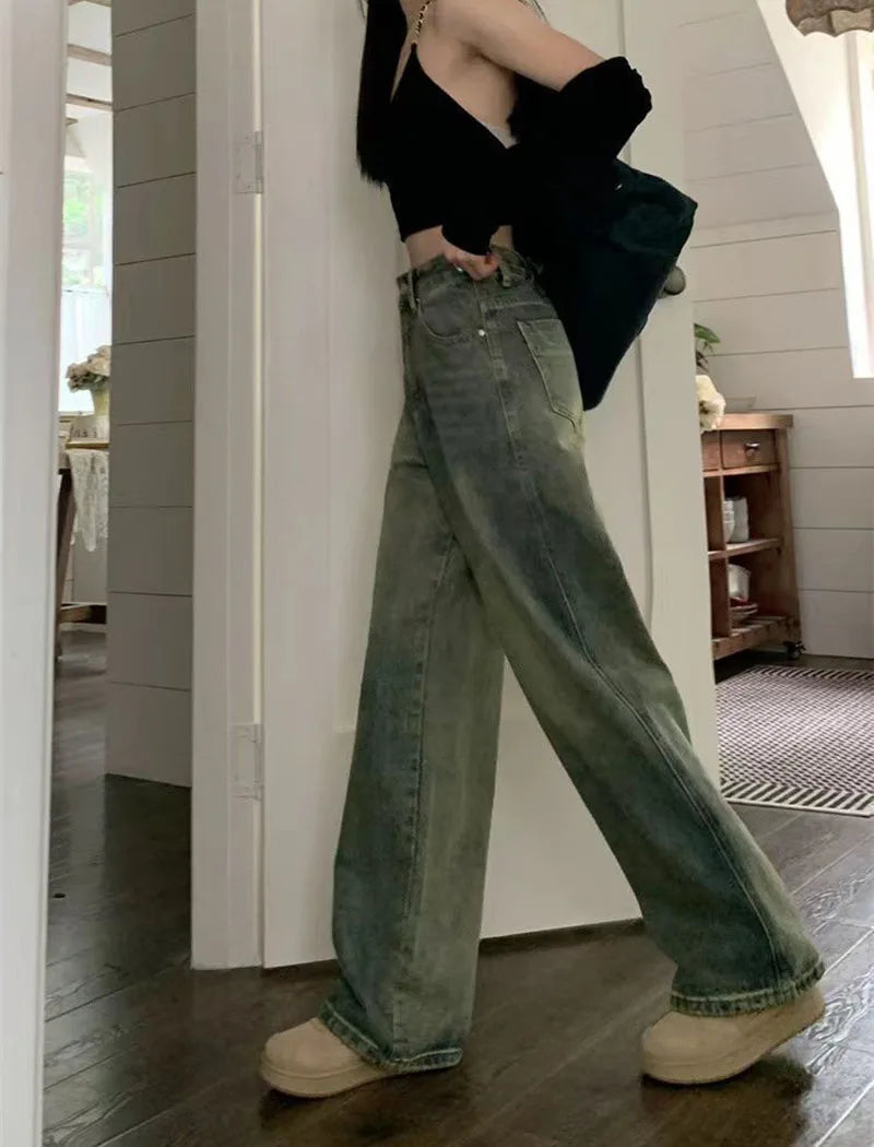 Vintage Baggy Straight Denim Trousers Y2K High Waist Loose Wide Leg Jeans Women Streetwear All-Match Casual Pants - The Clothing Company Sydney