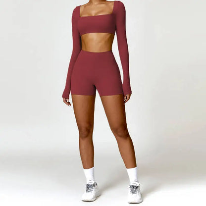 2 Piece Long Sleeve Gym Set Women Yoga Clothes Quick-Drying Sportswear Running Leggings Workout Sports Crop Top Shorts - The Clothing Company Sydney