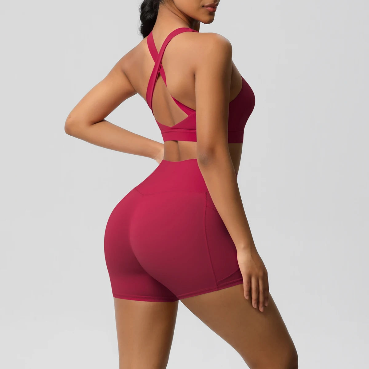 2 Piece Sportswear Pocketed Yoga Set Gym Clothes Yoga Suits Womens Sports Shorts Crossover Bra Gym Leggings Bike Shorts Set The Clothing Company Sydney