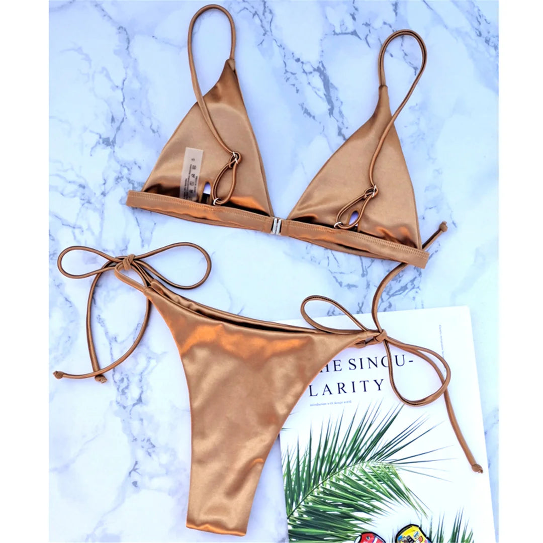 Side Tie Satin High Leg Cut Brazilian Bikini Swimwear Swimsuit Two piece Bikini set Bather Bathing Suit - The Clothing Company Sydney