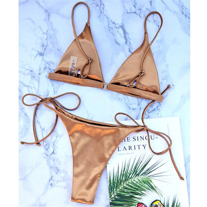 Side Tie Satin High Leg Cut Brazilian Bikini Swimwear Swimsuit Two piece Bikini set Bather Bathing Suit - The Clothing Company Sydney