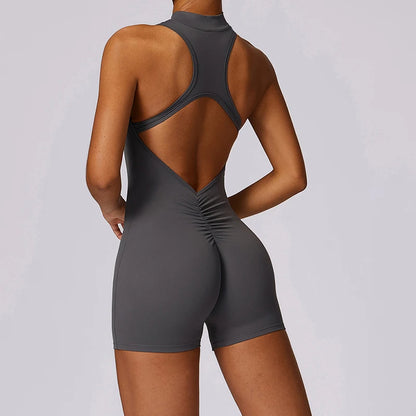 V Back Scrunch Sports Jumpsuit Women Gym Rompers Sleeveless Sportswear Zipper One-Piece Suit Yoga Clothing - The Clothing Company Sydney