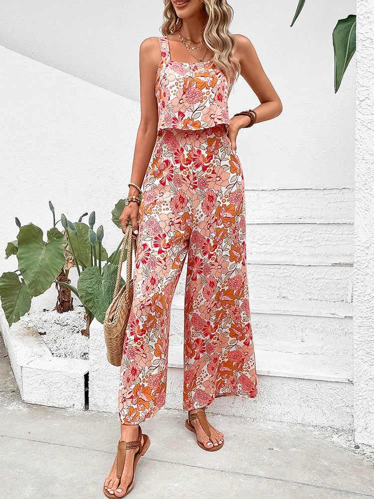 Elegant Long Women's Backless Wide Leg Jumpsuits Casual Sleeveless Floral Rompers Summer Matching Outfit Set - The Clothing Company Sydney