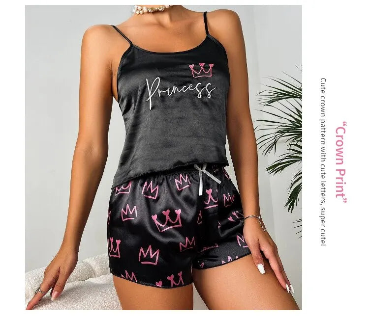 Women's Sexy Lingerie Satin Sleepwear Silk Cami Shorts Set Soft Sleep Pjs 2 Piece Nightwear Print Pajamas Homewear Pyjamas The Clothing Company Sydney