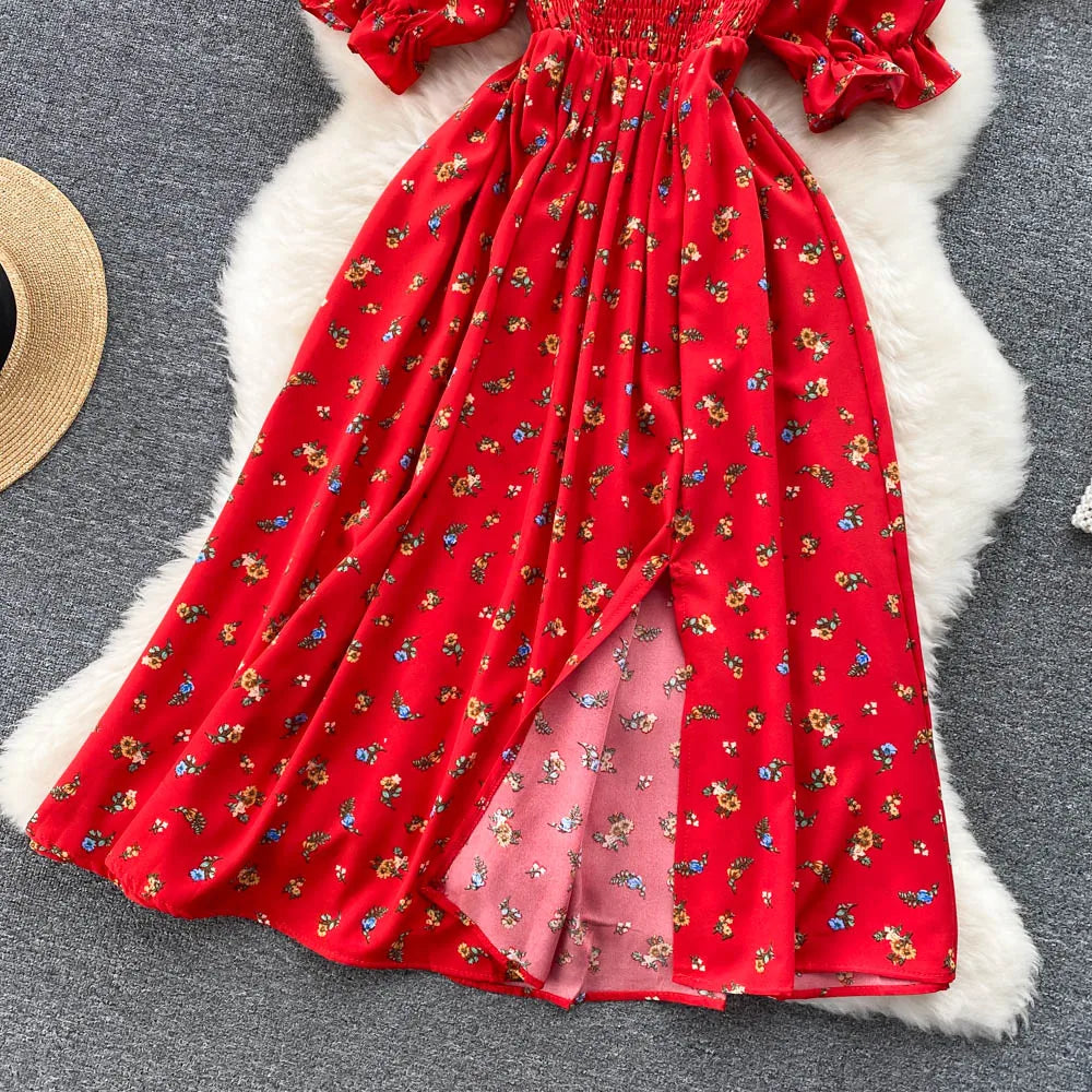 Women's Fashion Romantic Floral Print Split Long Summer Dress Puff Sleeve Party Dress - The Clothing Company Sydney