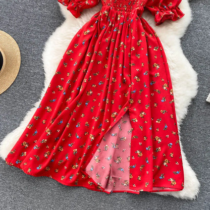 Women's Fashion Romantic Floral Print Split Long Summer Dress Puff Sleeve Party Dress - The Clothing Company Sydney