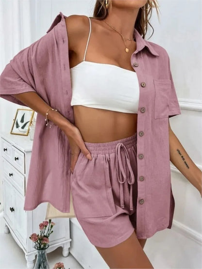 Casual Loose Single-breasted Top And Drawstring Shorts Set Fashion Ladies Suits Summer 2 Piece Set  Matching Outfits - The Clothing Company Sydney