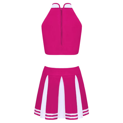 Women's Cheerleading Costume Uniform Carnival Cosplay Outfit Stand Collar Sleeveless Crop Top with Mini Pleated Skirt - The Clothing Company Sydney