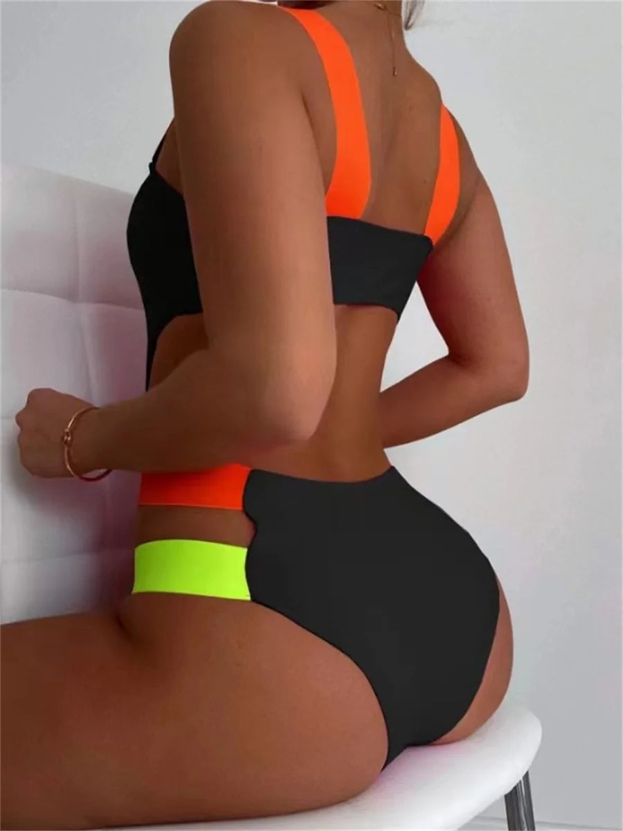 Black Contrast One Piece Swimsuit Neon Strap Hollow Out Backless Monokini Summer Bathing Suit Patchwork Swimwear The Clothing Company Sydney