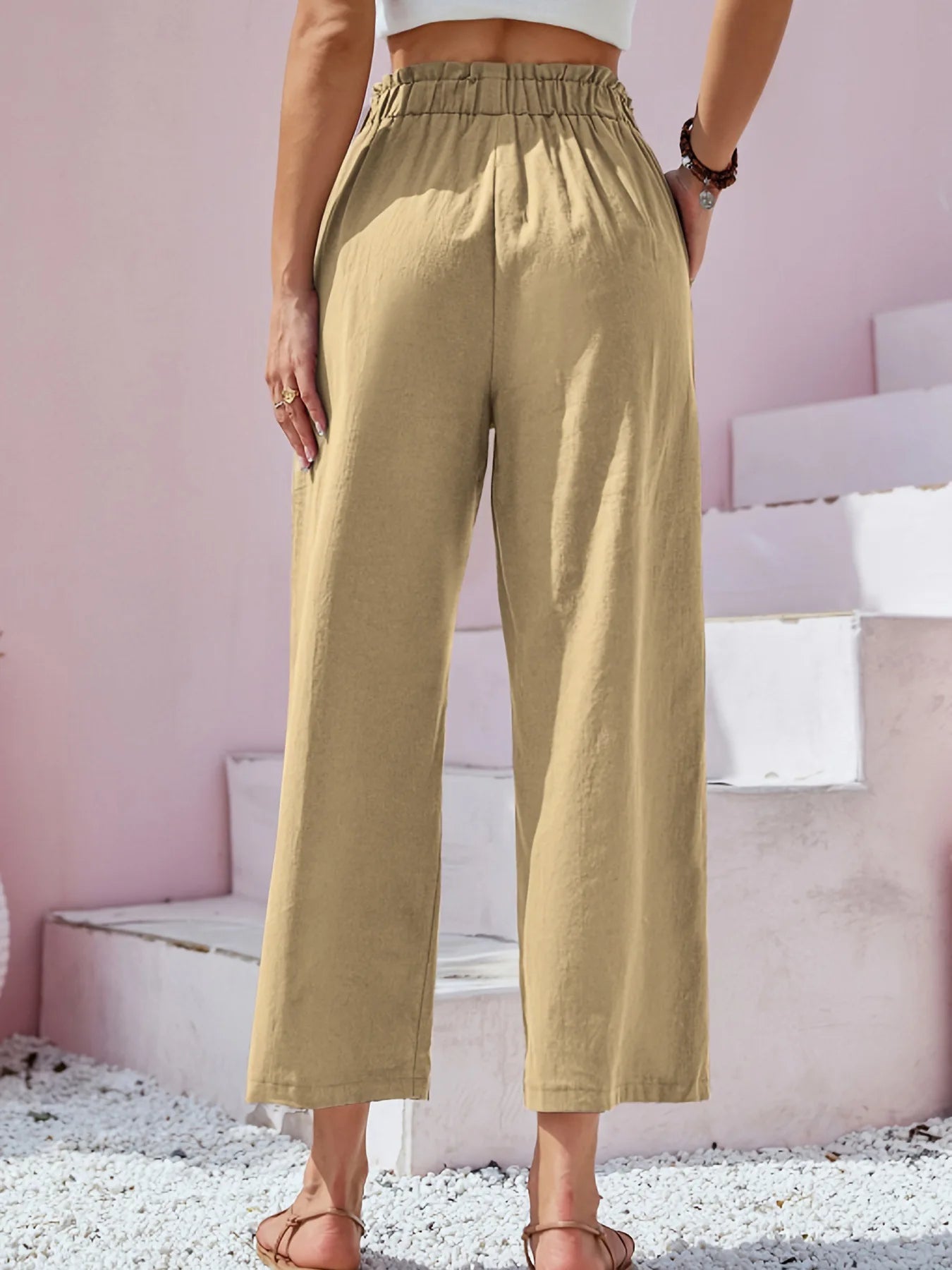 Women's Cotton Linen Loose Wide Leg Pants Summer Female High Elastic Waist Button Casual Streetwear Trousers The Clothing Company Sydney
