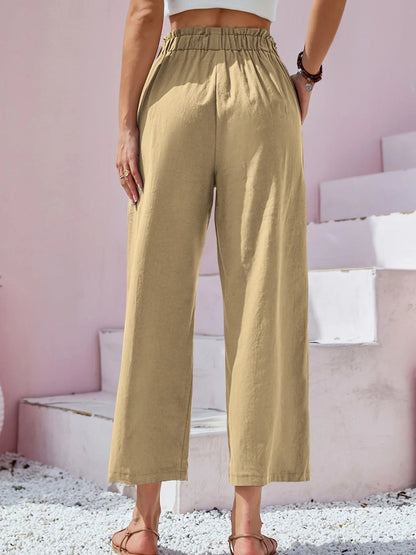 Women's Cotton Linen Loose Wide Leg Pants Summer Female High Elastic Waist Button Casual Streetwear Trousers The Clothing Company Sydney