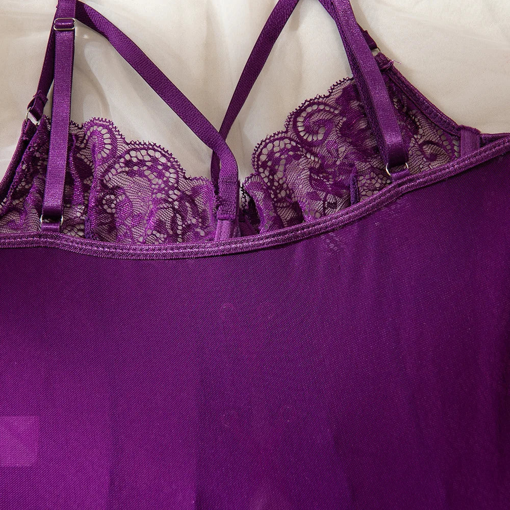 Lace Bodysuit Lace Up Costume Long Gloves Stocking See-Through Tights Lingerie Matching Outfit Set - The Clothing Company Sydney