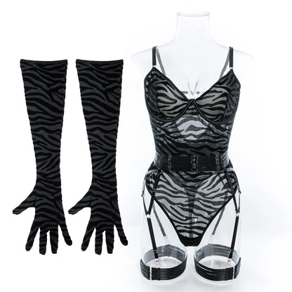 Tight Fitting Lace Bodysuit With Gloves Garter Night Club Outfit Mesh Top Lingerie Set - The Clothing Company Sydney