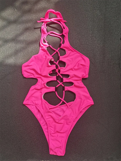 Hollow Out Swimwear Women's High Neck Solid Black Cut Out Backless Monokini Bandage Bathing Suit Holiday One Piece Swimsuit The Clothing Company Sydney