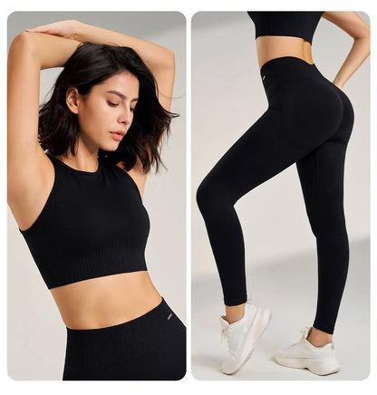 Yoga Matching Outfit Set Women's High Waist Leggings and Top Two Piece Seamless Fitness Exercise Fitness Workout Activewear - The Clothing Company Sydney