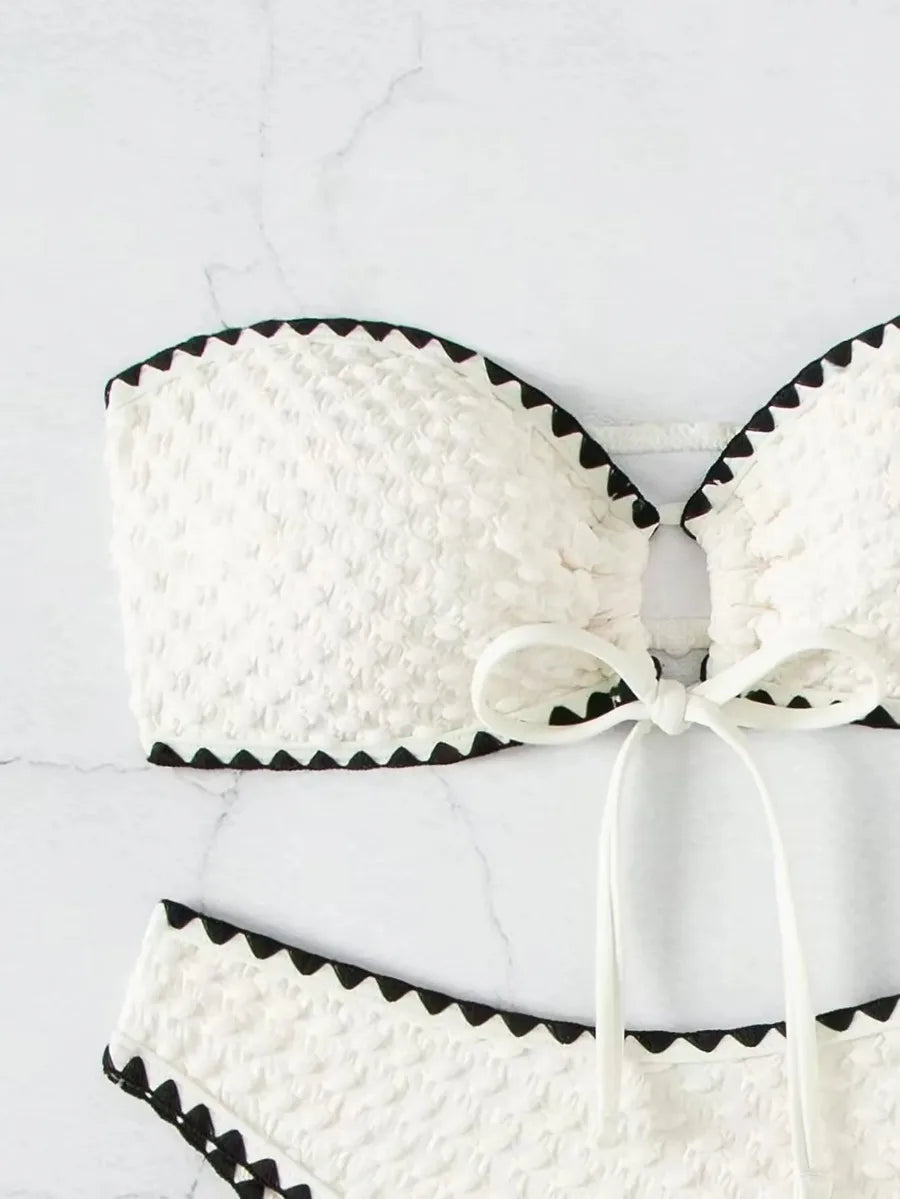Swimwear White 2 Piece Strapless Swimsuit Bandeau Backless Bikini Set Lace-up Patchwork Bathing Suit The Clothing Company Sydney