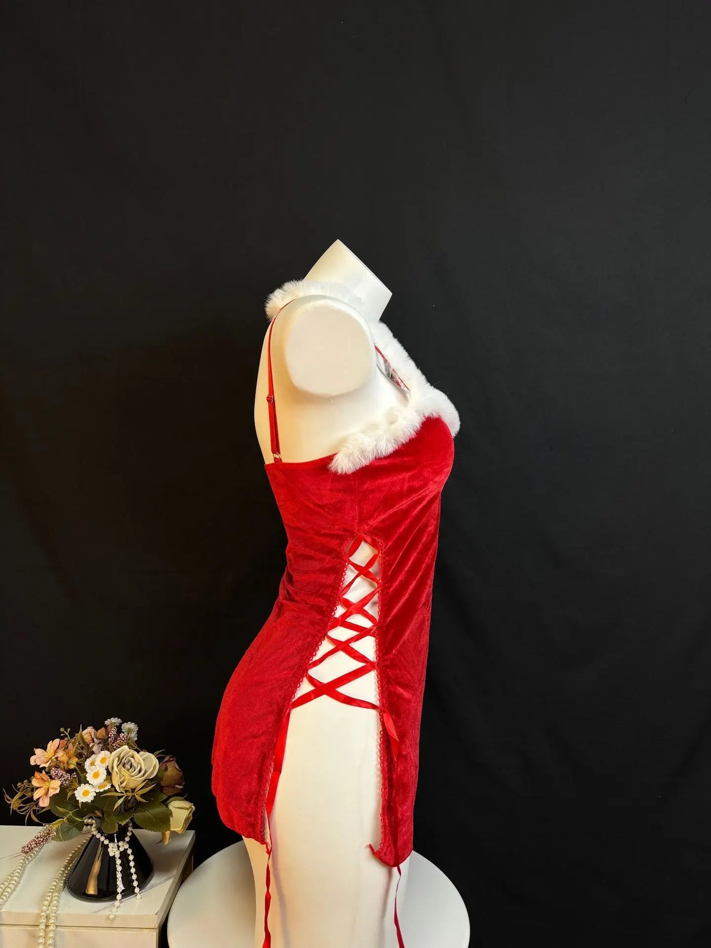 Womens Xmas Dresses Fluffy Velvet Dress Thong 2 Piece Set Sparkling Red Split Strap Up Elegant Party Cosplay Christmas Costume The Clothing Company Sydney