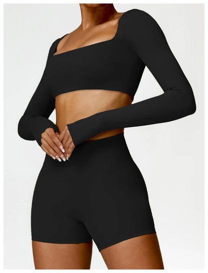 2 Piece Long Sleeve Gym Set Women Yoga Clothes Quick-Drying Sportswear Running Leggings Workout Sports Crop Top Shorts - The Clothing Company Sydney