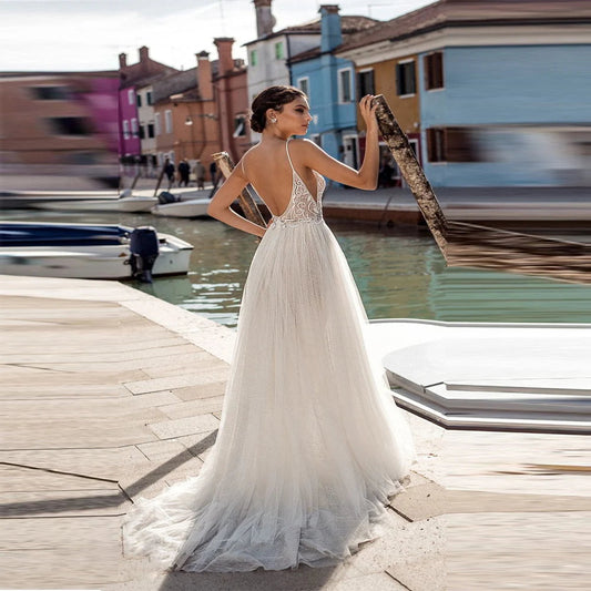 Elegant High Fork Wedding Dresses For Women Sparkling Lace Printing A-Line Bridal Gowns Engagement Party Dress The Clothing Company Sydney