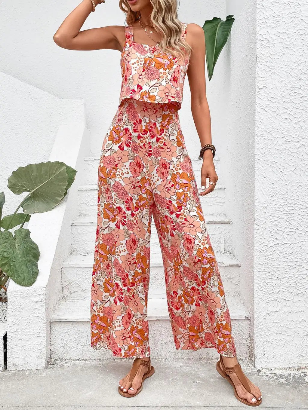 Elegant Long Women's Backless Wide Leg Jumpsuits Casual Sleeveless Floral Rompers Summer Matching Outfit Set - The Clothing Company Sydney