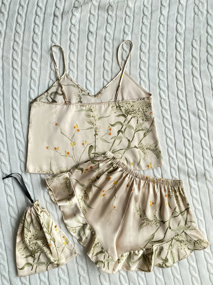 Women's Floral Cami Pyjama Set with Matching Bag – Ruffle Hem Shorts Sleepwear - The Clothing Company Sydney