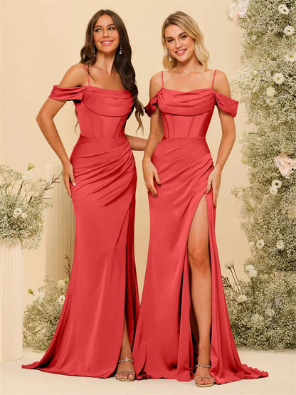 Off-the-Shoulder Spaghetti Straps Silk Satin Sheath Bridesmaid Dress Elegant Zipper Back Gowns For Wedding Guests - The Clothing Company Sydney