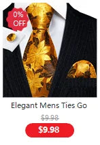 Elegant Men's Gold Leaves Floral Silk Neck Tie Pocket Square Cufflinks Wedding Business Party Gift Set - The Clothing Company Sydney