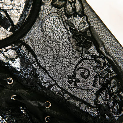 Lace Bodysuit Lace Up Costume Long Gloves Stocking See-Through Tights Lingerie Matching Outfit Set - The Clothing Company Sydney