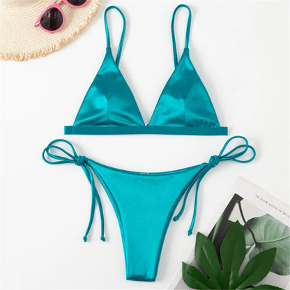 Side Tie Satin High Leg Cut Brazilian Bikini Swimwear Swimsuit Two piece Bikini set Bather Bathing Suit - The Clothing Company Sydney