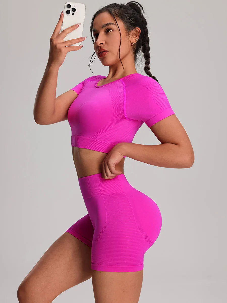 2 Piece Yoga Sport T-shirts Shorts Set Sportswear Gym Seamless Workout Vest Shorts Leggings Activewear Women's Bike Shorts The Clothing Company Sydney