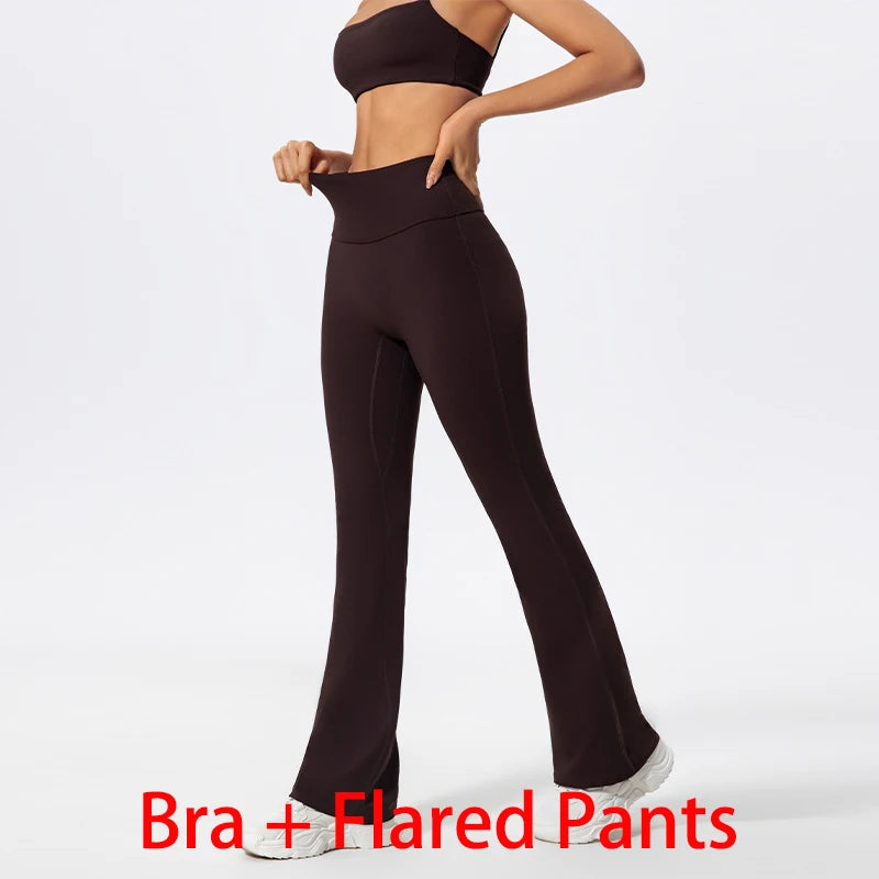 Women Two Piece Gym Workout Bra Yoga Set Shorts Fitness Wear Quick-Dry Sports Bra Flared Pants Suits - The Clothing Company Sydney